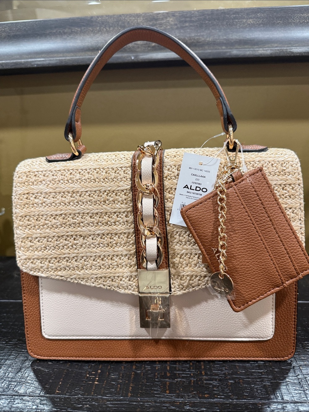 ALDO Tan, Cream & Straw Woven Top-Handle Satchel with Cardholder - Picture 1 of 8